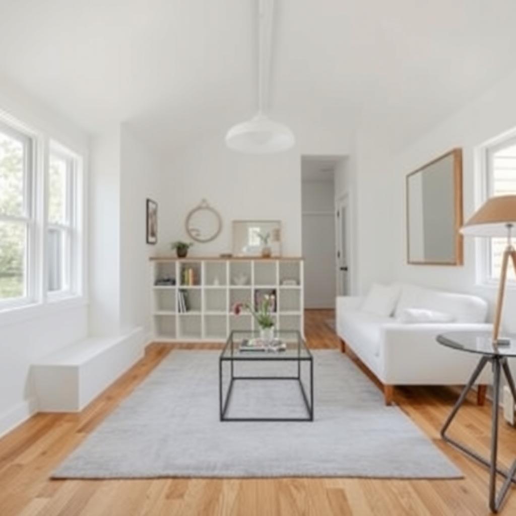 Open tiny home interior with a rug, low bookshelf, large mirror, and modern-industrial furniture.