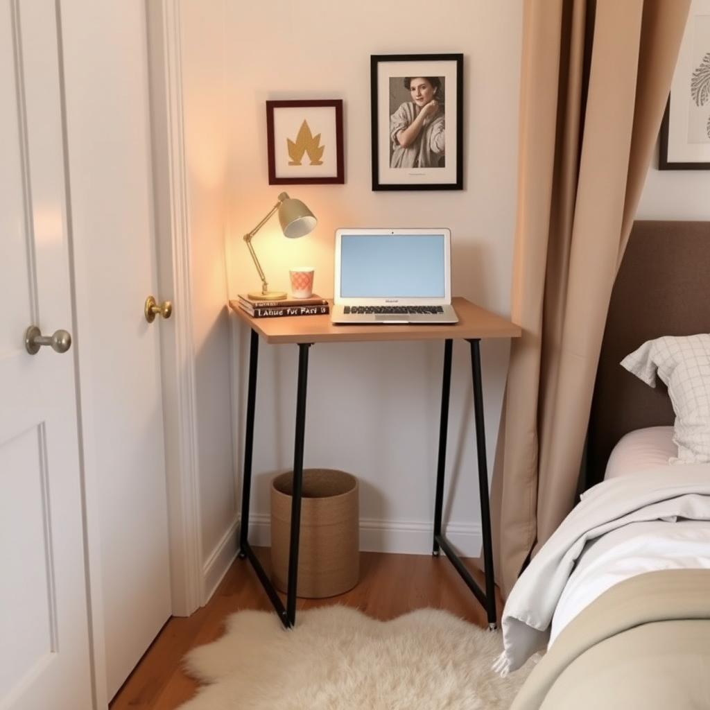 Compact standing desk in a cozy apartment corner with a laptop, lamp, and nearby bed.