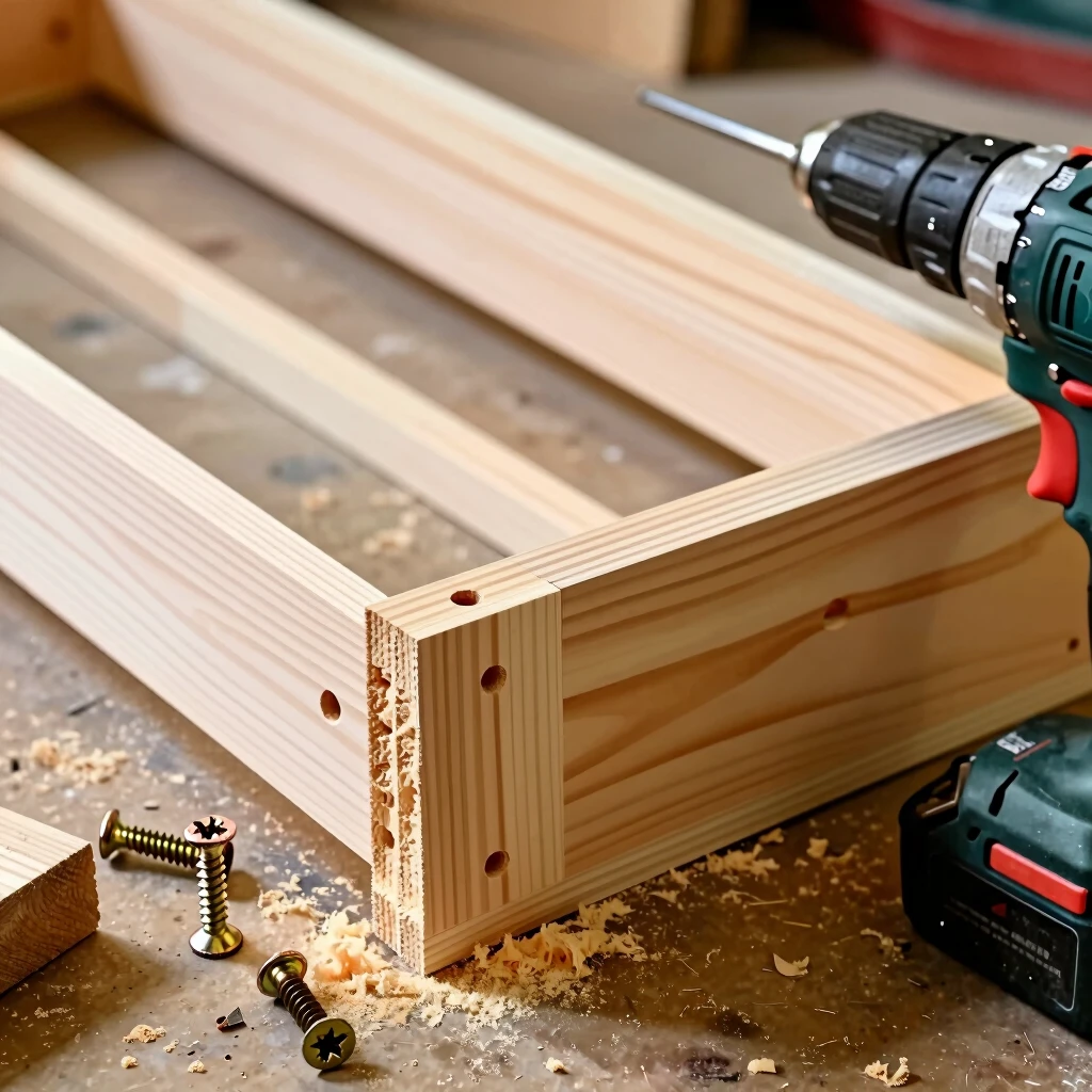 Wooden futon frame parts during assembly in a home workshop