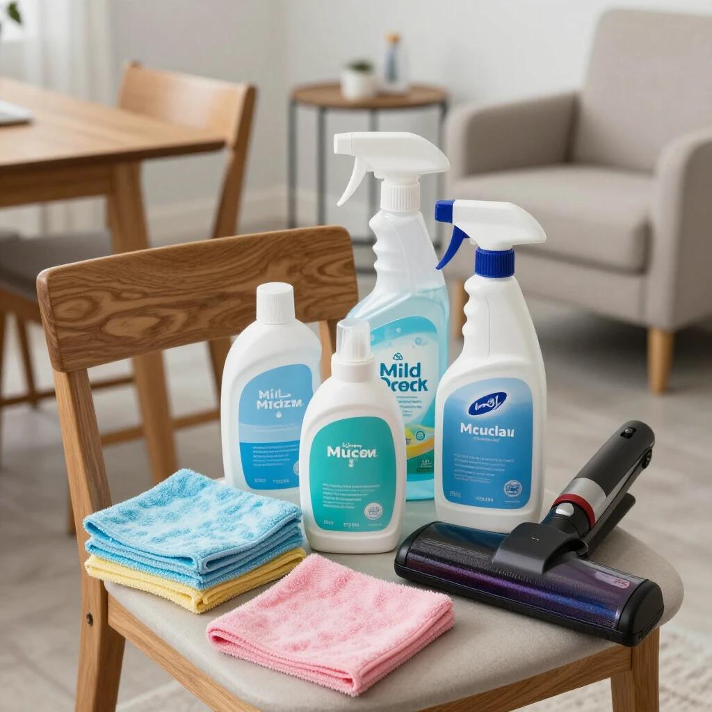 Cleaning supplies next to different furniture pieces