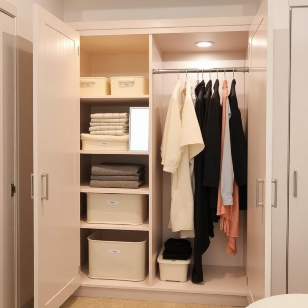 Neatly organized armoire interior with bins, shelves, and a mirror in a minimalist small bedroom.