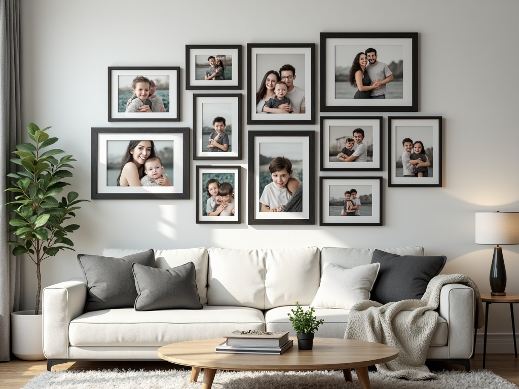 A gallery wall of family photos, adding a personal touch to the living room.