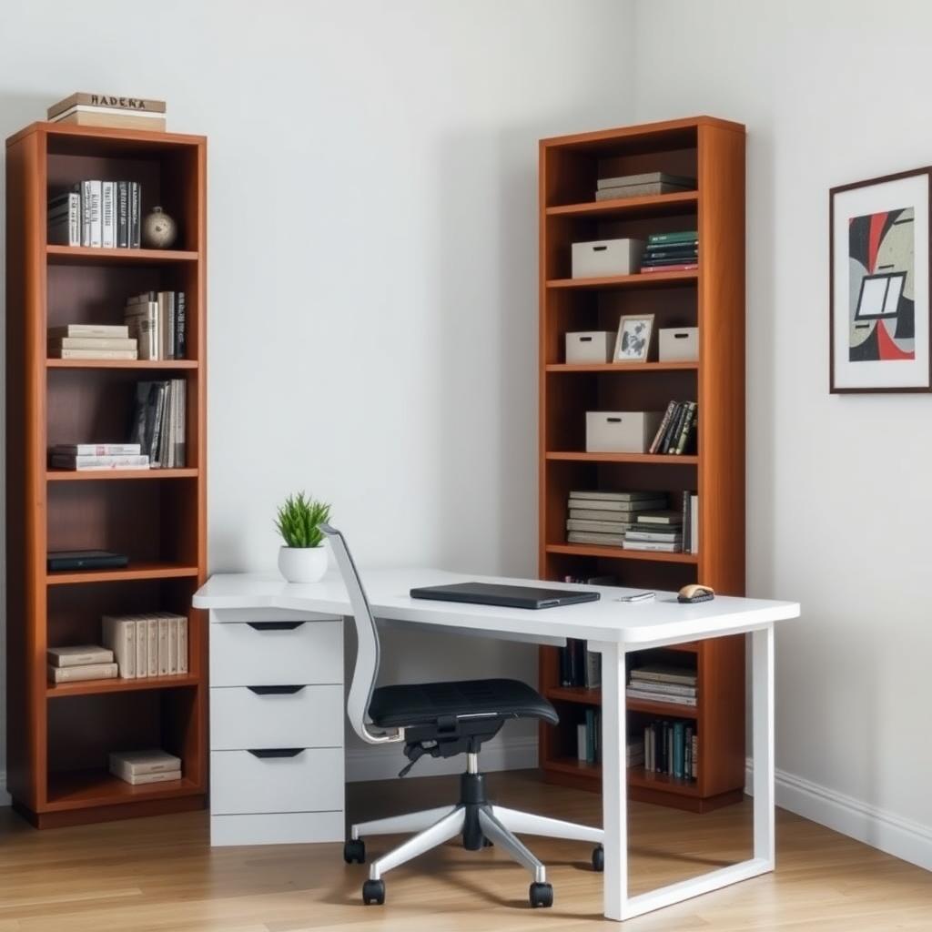Tidy home office with a white desk, ergonomic chair, and wooden bookshelf.