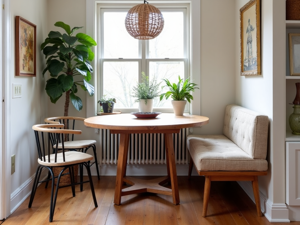 Small dining nook with round extendable table and natural decor