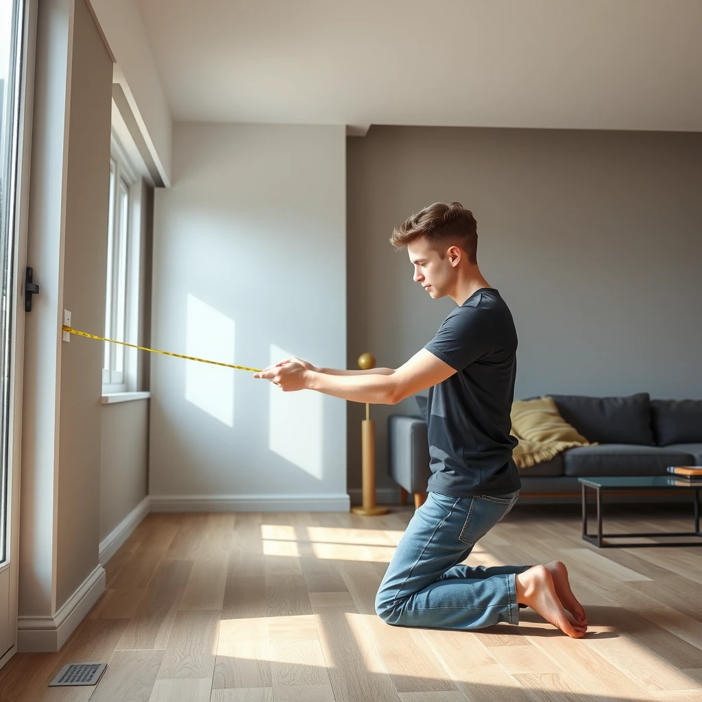 Person using a tape measure to measure the floor space in a living room for new furniture