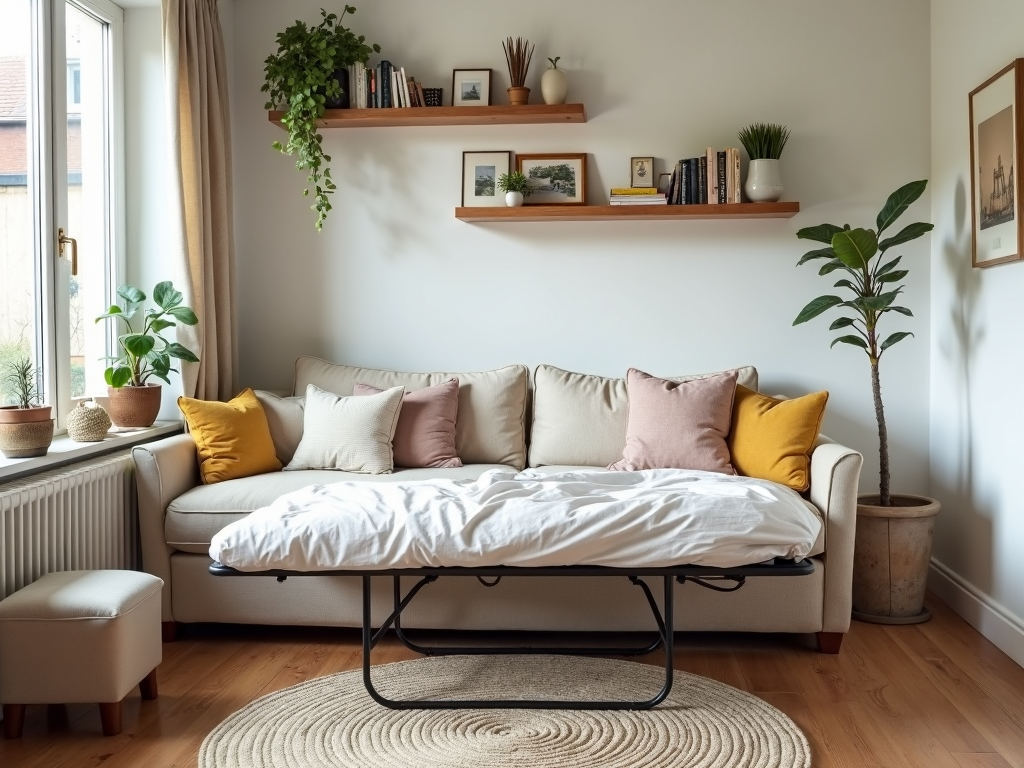 A small living room with a sofa bed, storage ottoman, and wall-mounted shelves, showing how multi-functional furniture keeps the space functional and welcoming.