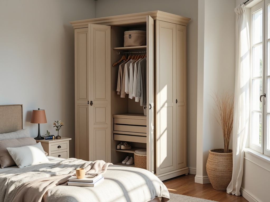 A stylish armoire maximizing storage in a compact bedroom