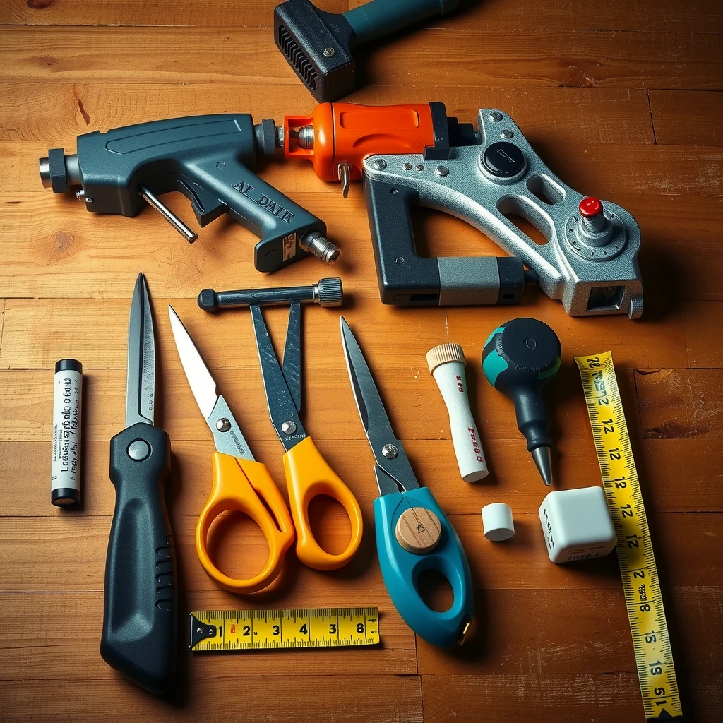Essential upholstery tools laid out on a workbench