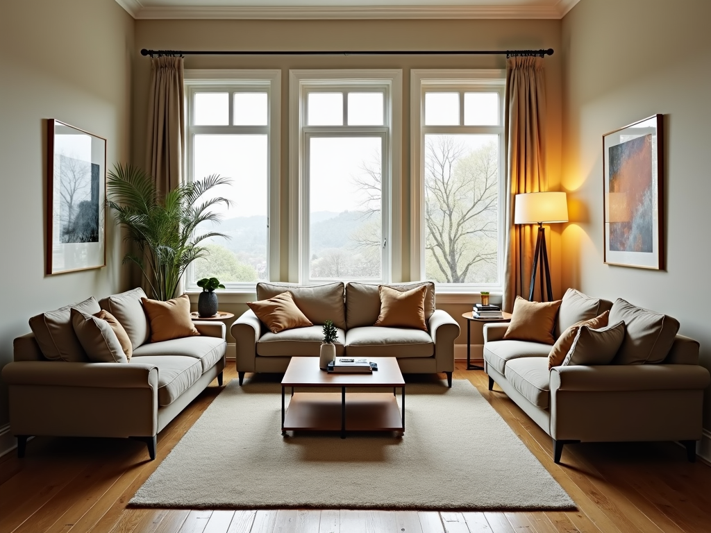 Living room with furniture floated away from walls