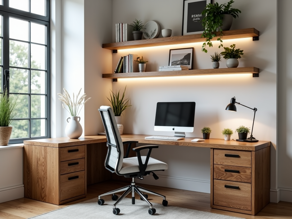 Modern home office with sustainable furniture and natural light