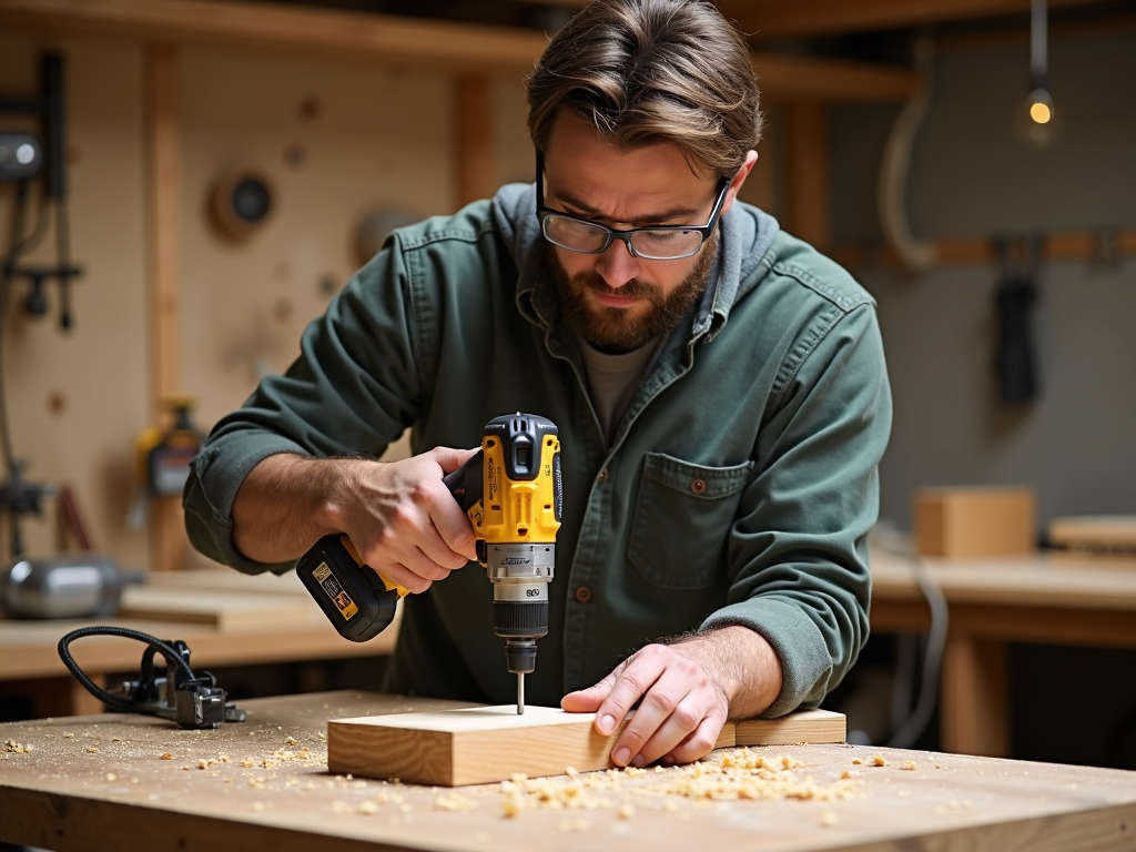 A beginner woodworker safely using a cordless drill in a workshop