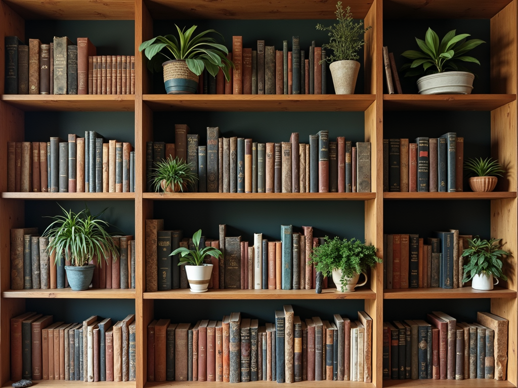 Bookshelf with potted plants adding a natural element.