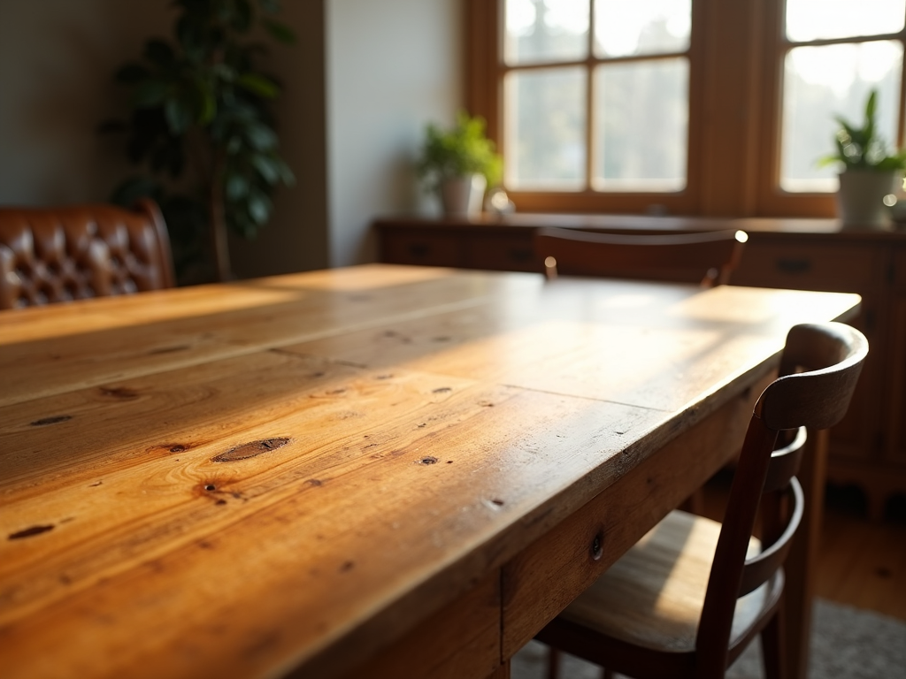 Sunlit wooden dining table showcasing natural wood grain