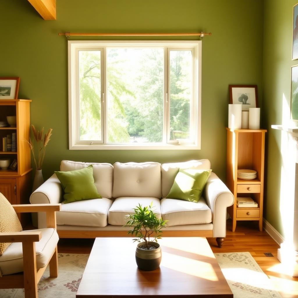 Cozy living room with green walls, wood furniture, and sunlight streaming in.