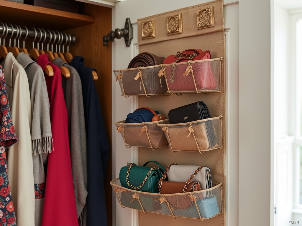 An armoire door hanging organizer with belts and scarves arranged neatly.