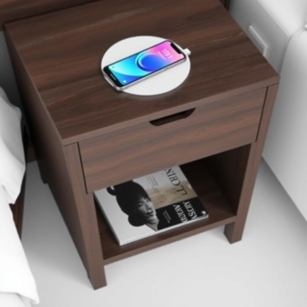 Modern nightstand with wireless charging station and dark wood finish.