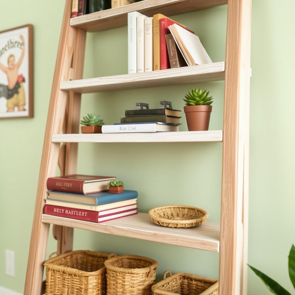 Rustic bookshelf made from a repurposed wooden ladder with succulents, books, and baskets.