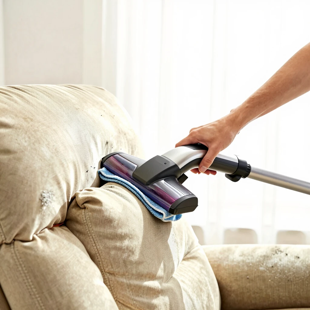 Person cleaning fabric recliner with microfiber cloth and vacuum in bright room