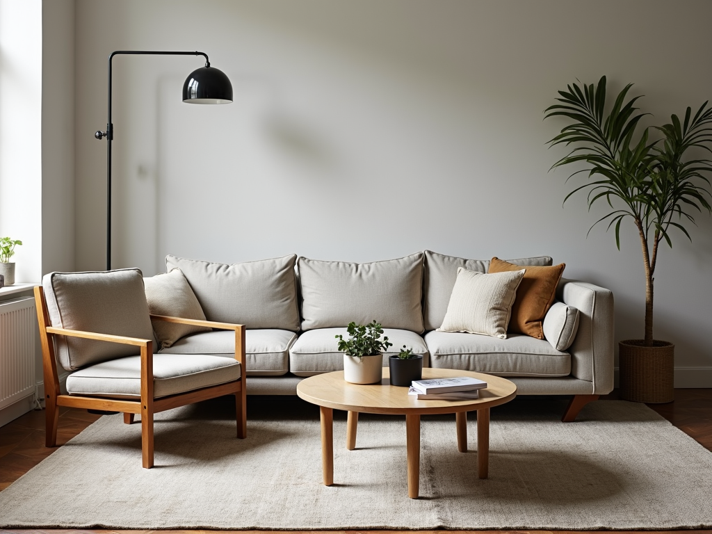 Living room blending old and new furniture styles.