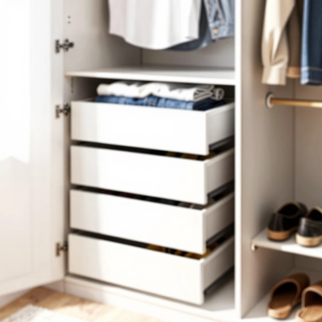 Organized bedroom wardrobe with folded clothes