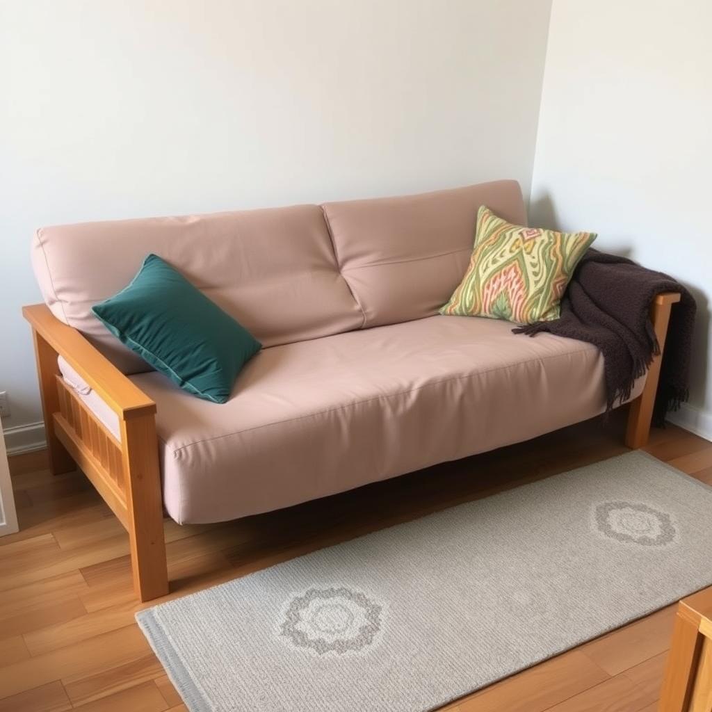 Futon styled as a sofa with throw pillows and a blanket in a small apartment