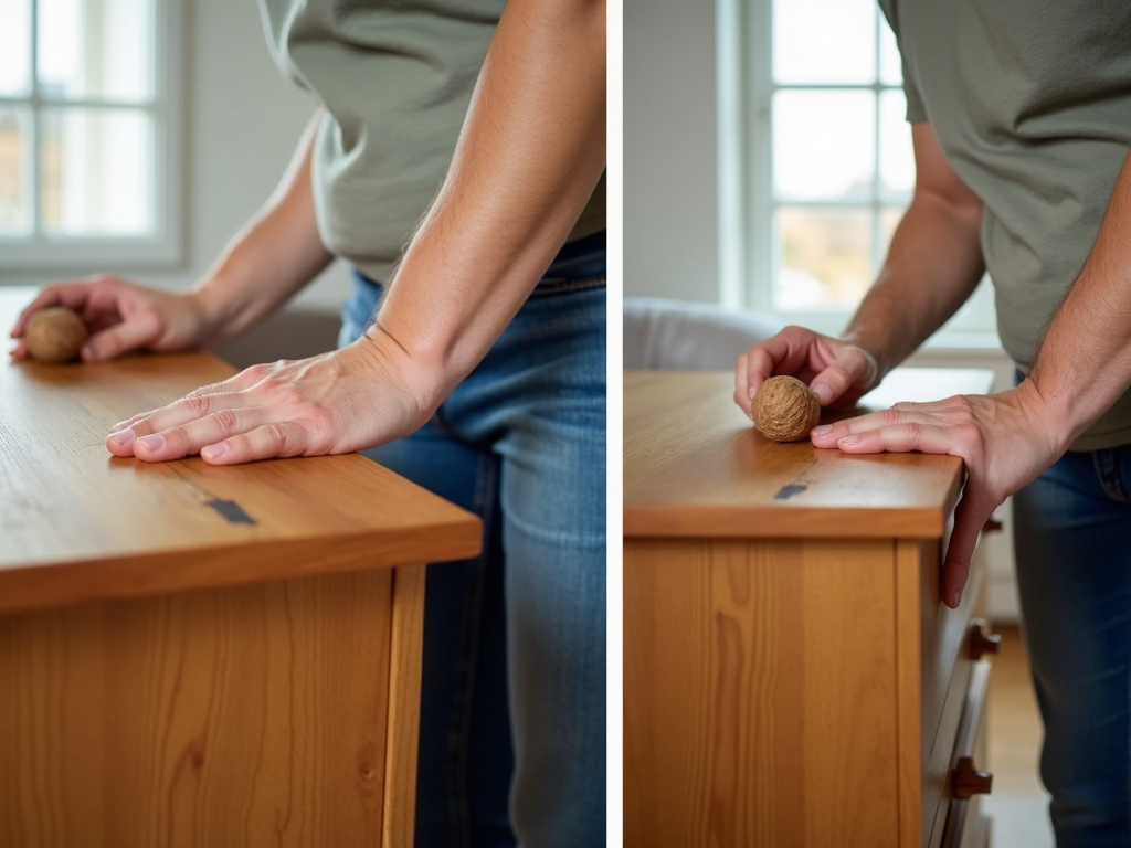 Using a walnut to fix a scratch on a wooden dresser