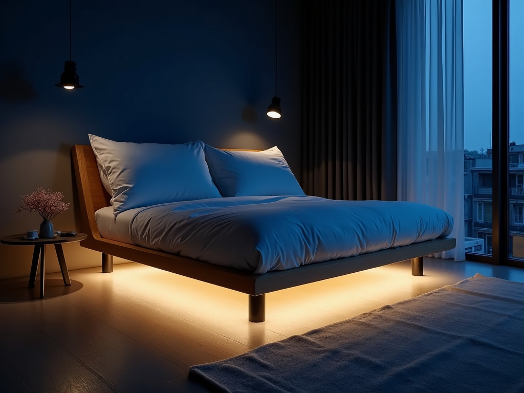 Futon with built-in lighting glowing in a modern living room