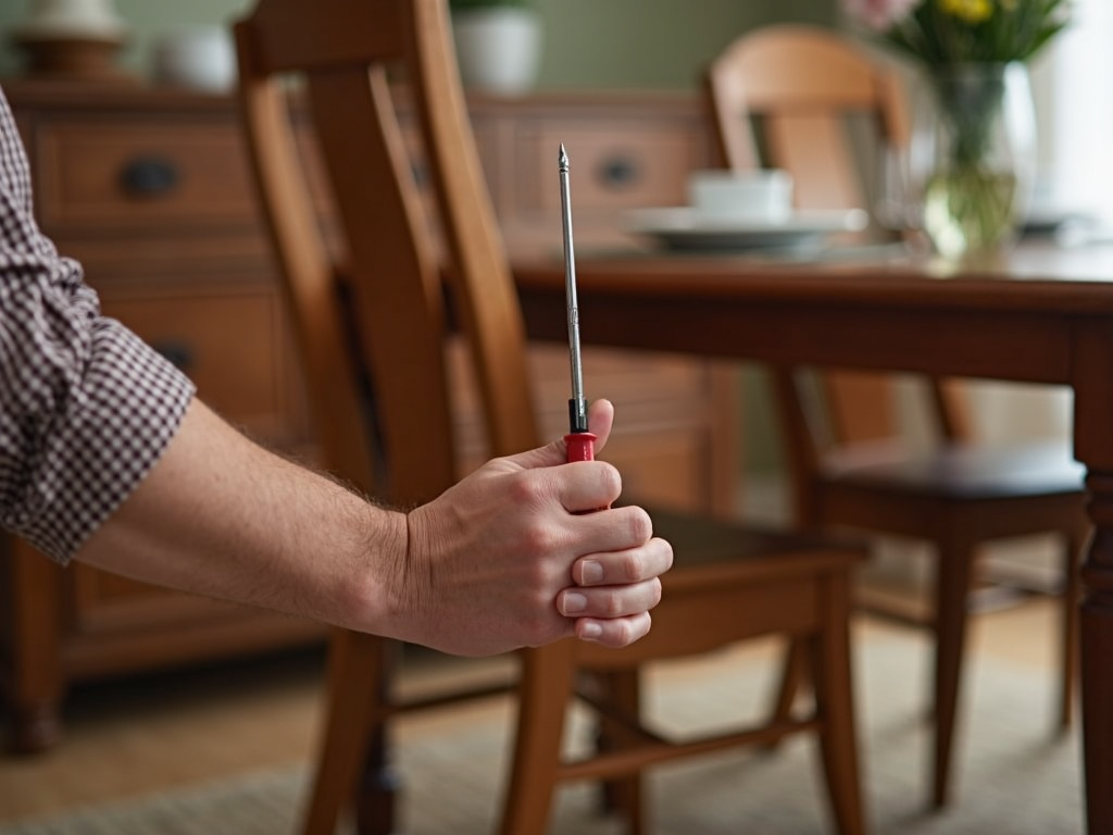 Tightening screws to maintain furniture stability.