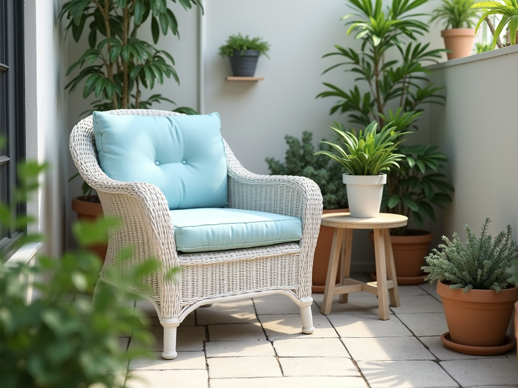 Tiny patio with light-colored decor