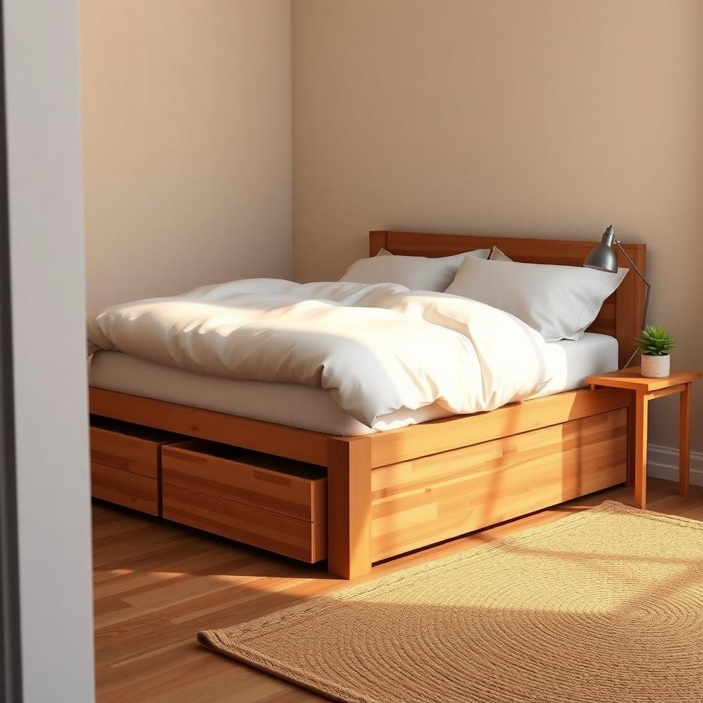 Small bedroom with a wooden bed frame with storage drawers, white linen bedding, and a slim wooden nightstand.