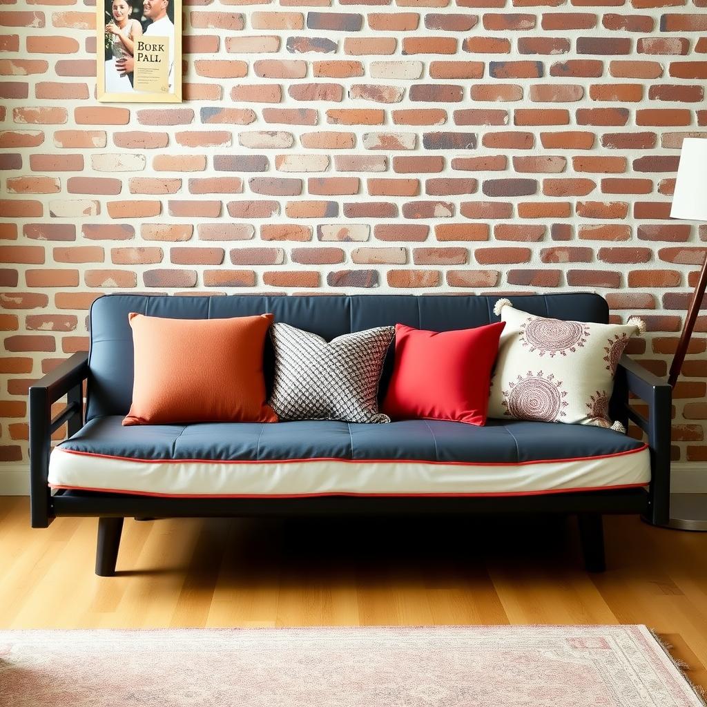 Modern futon sofa in a small apartment.