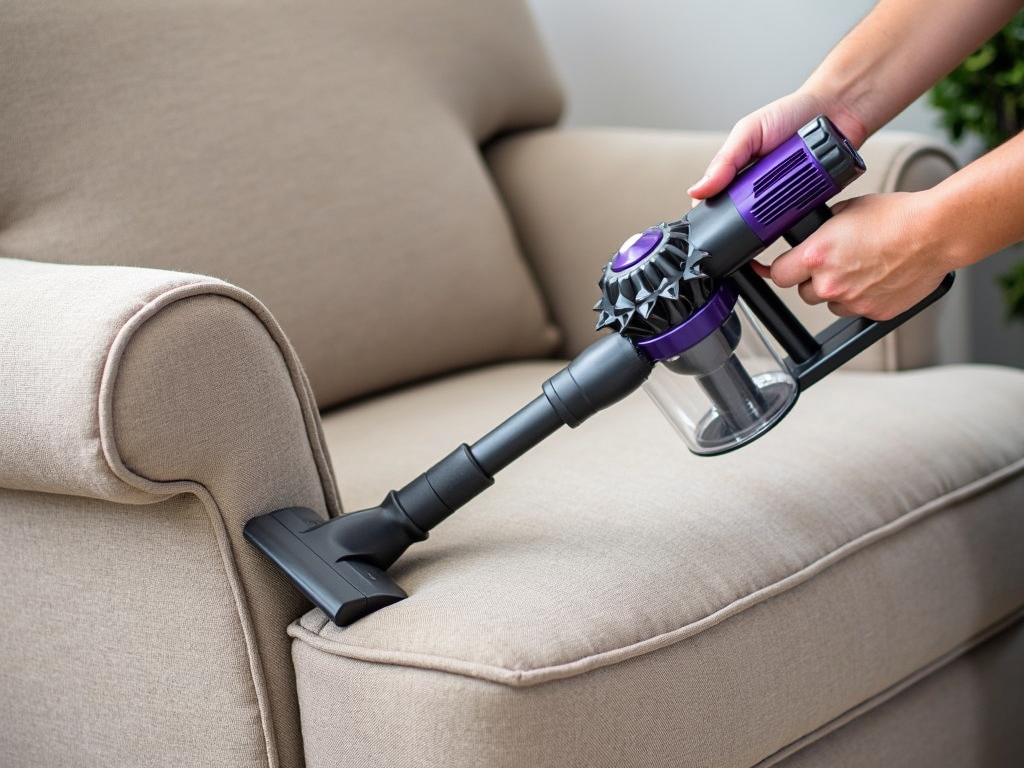 Vacuuming a fabric recliner to remove dust and dirt.