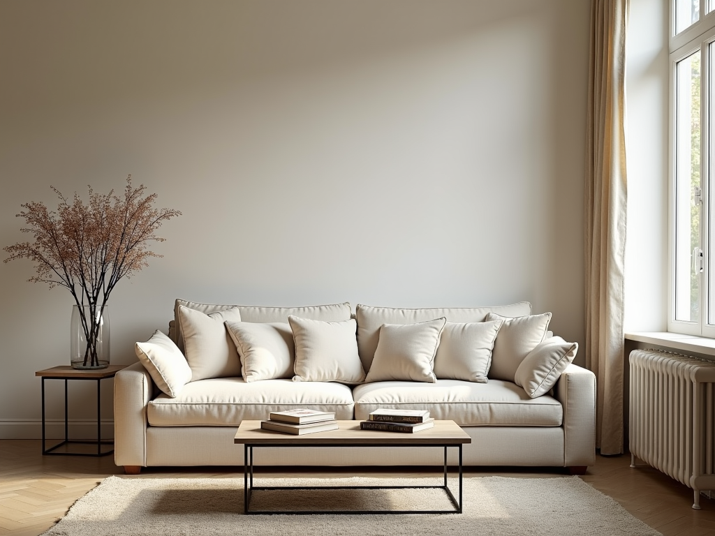 A cozy living room with simple decor elements like a plush sofa and fresh flowers.