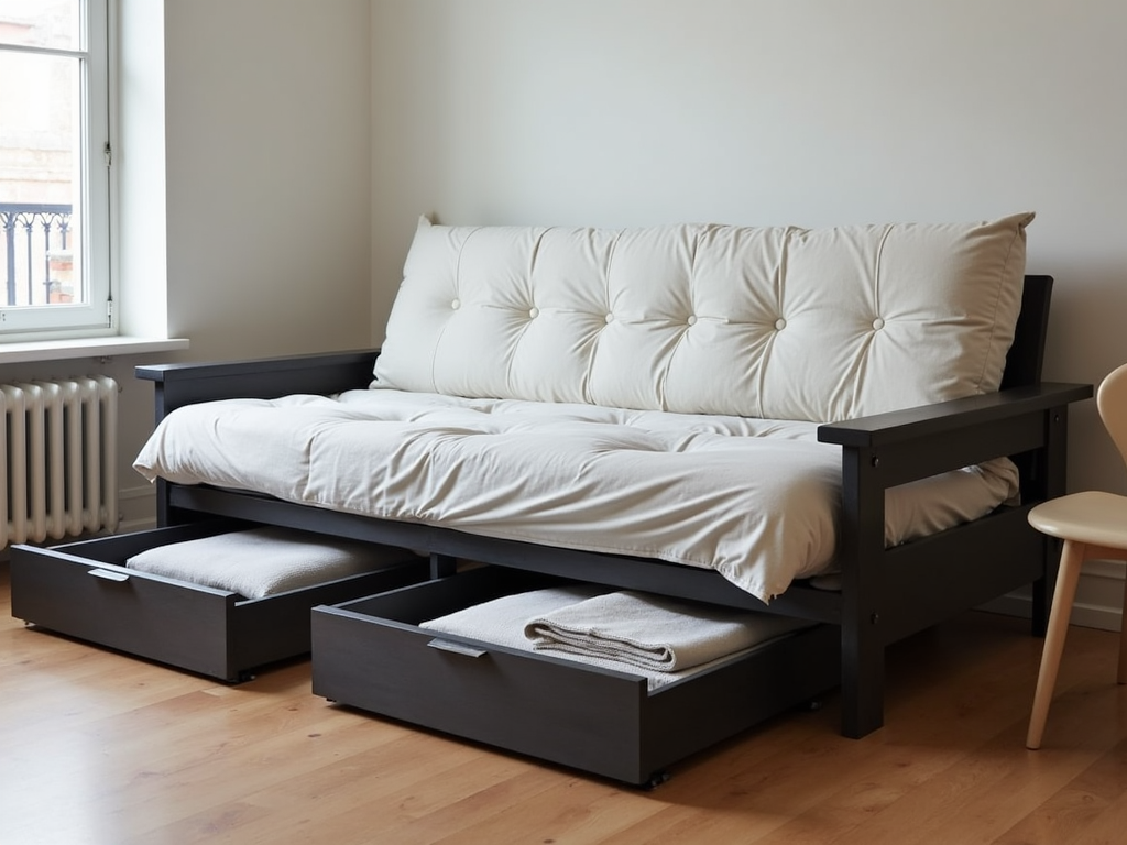 Futon with storage compartments in a modern apartment