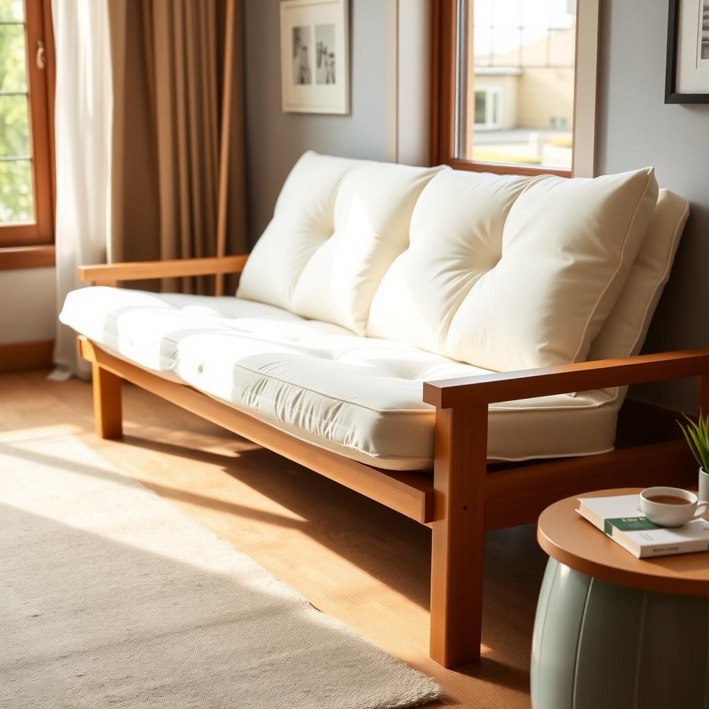 Cozy futon with a cotton mattress and wooden frame in a sunlit living room