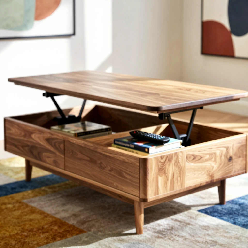 Multi-functional oak coffee table with lift-top storage in a sunny living room