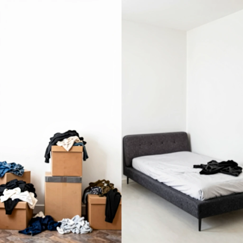 Before and after decluttering a bedroom, showing transformation to minimalist space with futon