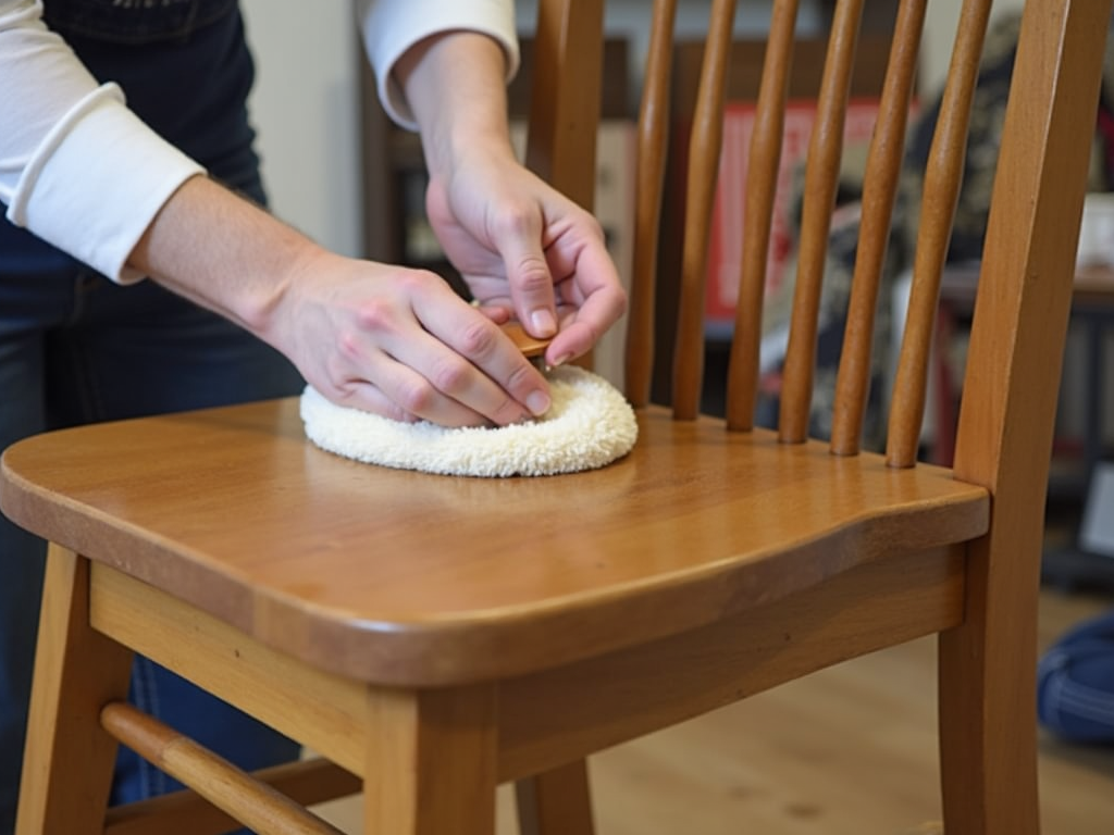 Person polishing wooden chair