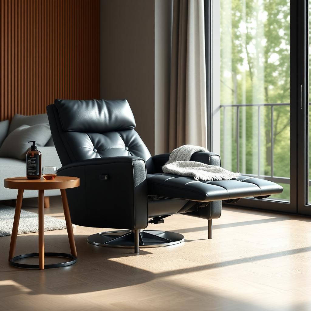 Modern living room with a black leather recliner