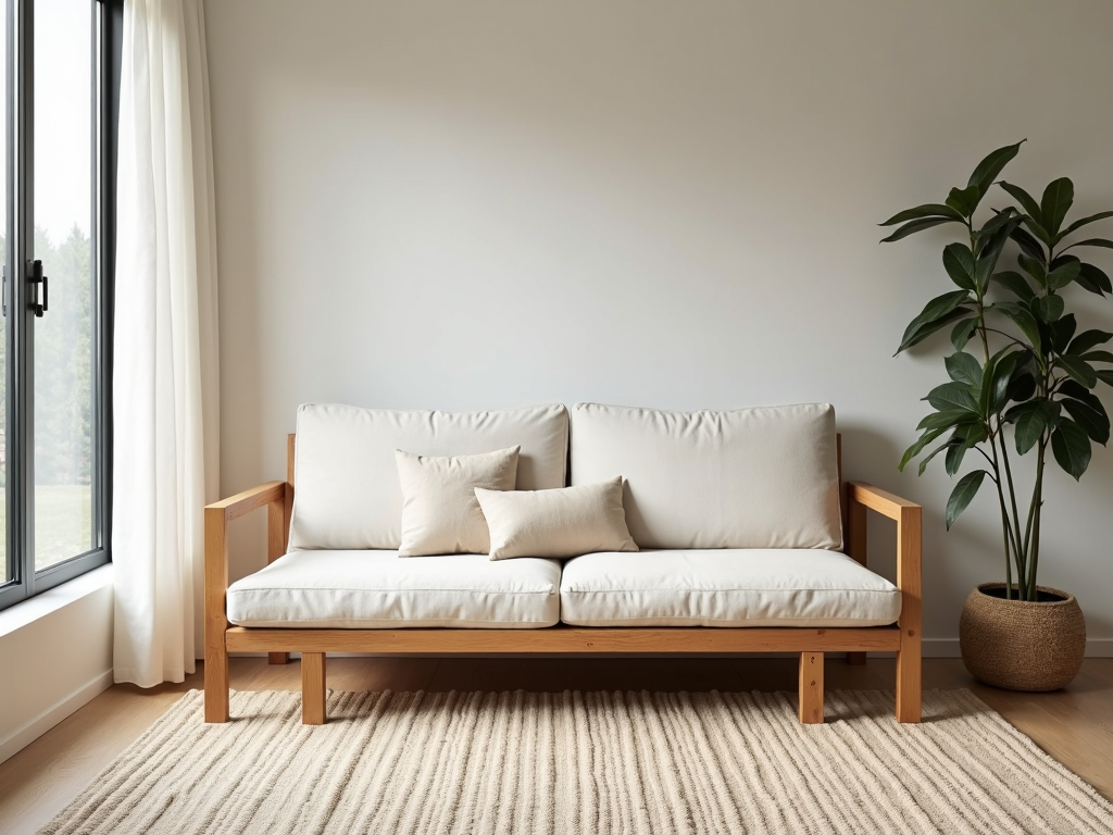 A reclaimed wood futon in a minimalist living room.