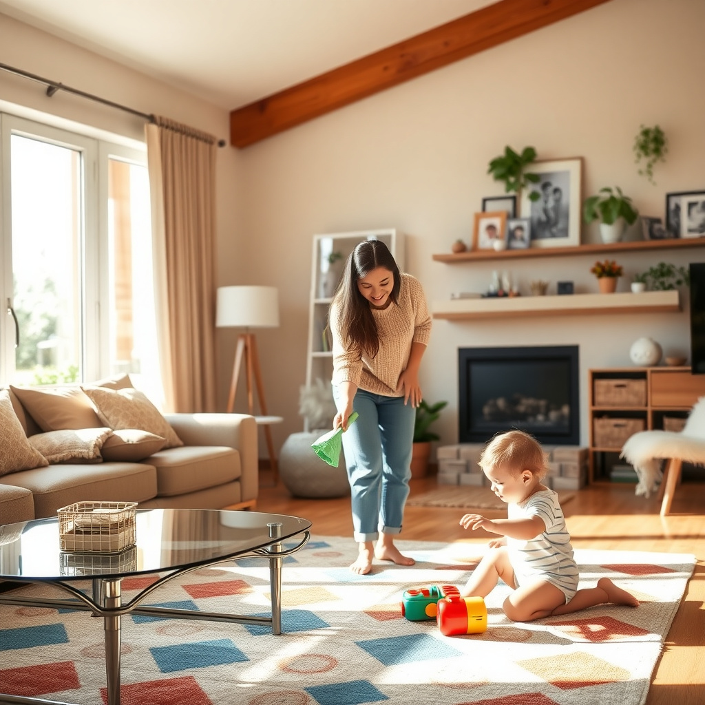 A parent efficiently cleaning while engaging with a child in a bright, organized living room.