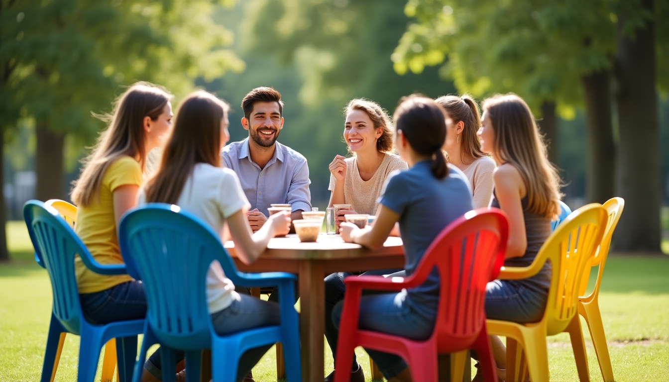 Friends using foldable chairs at a park picnic