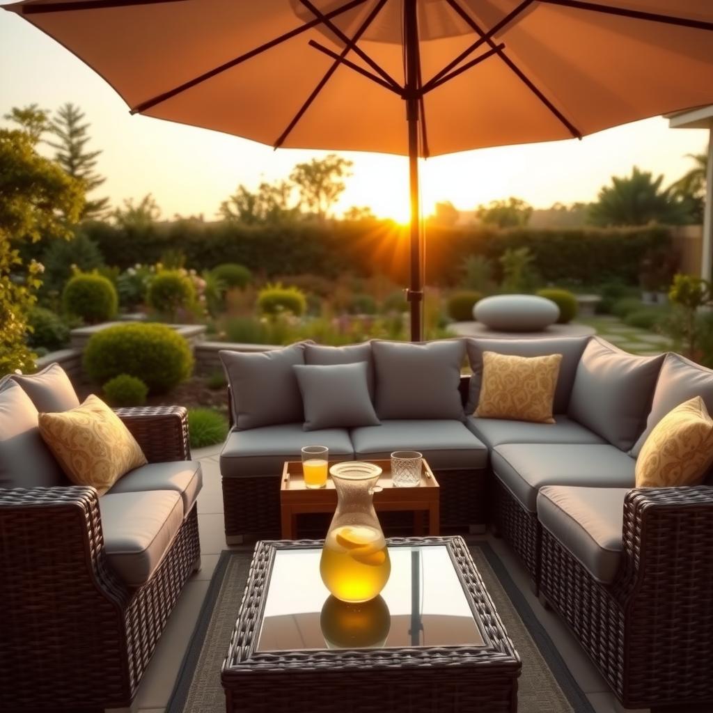 A wicker sectional sofa with gray cushions and a coffee table under a patio umbrella in a garden setting at sunset.
