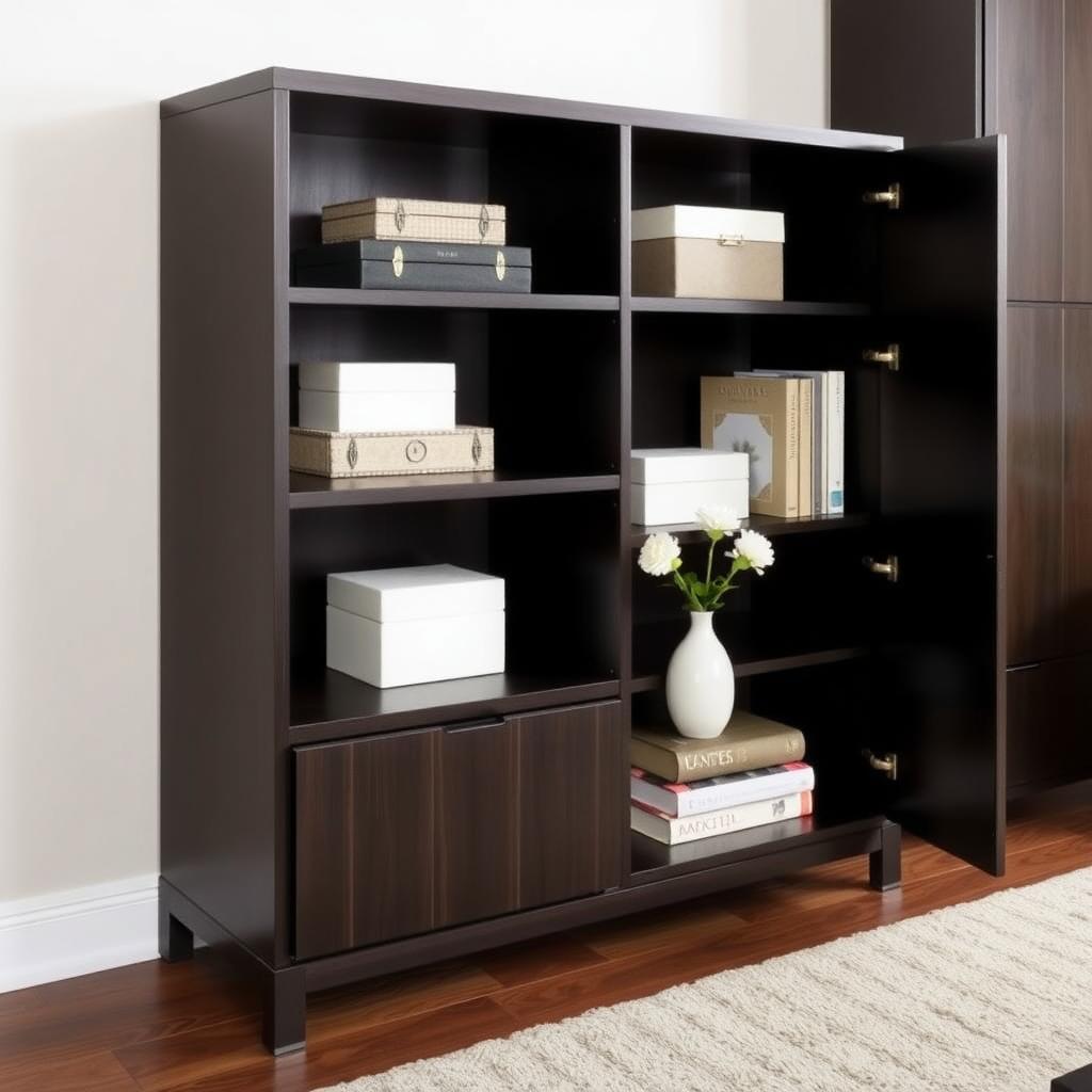 Living room cabinet with organized decorative boxes and books