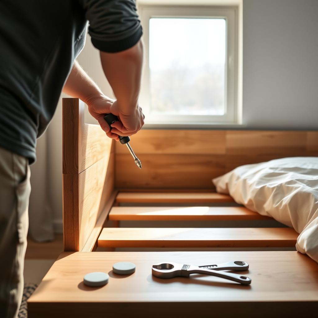 Person tightening bolts on a wooden bed frame in a modern bedroom, with repair tools on a bedside table.