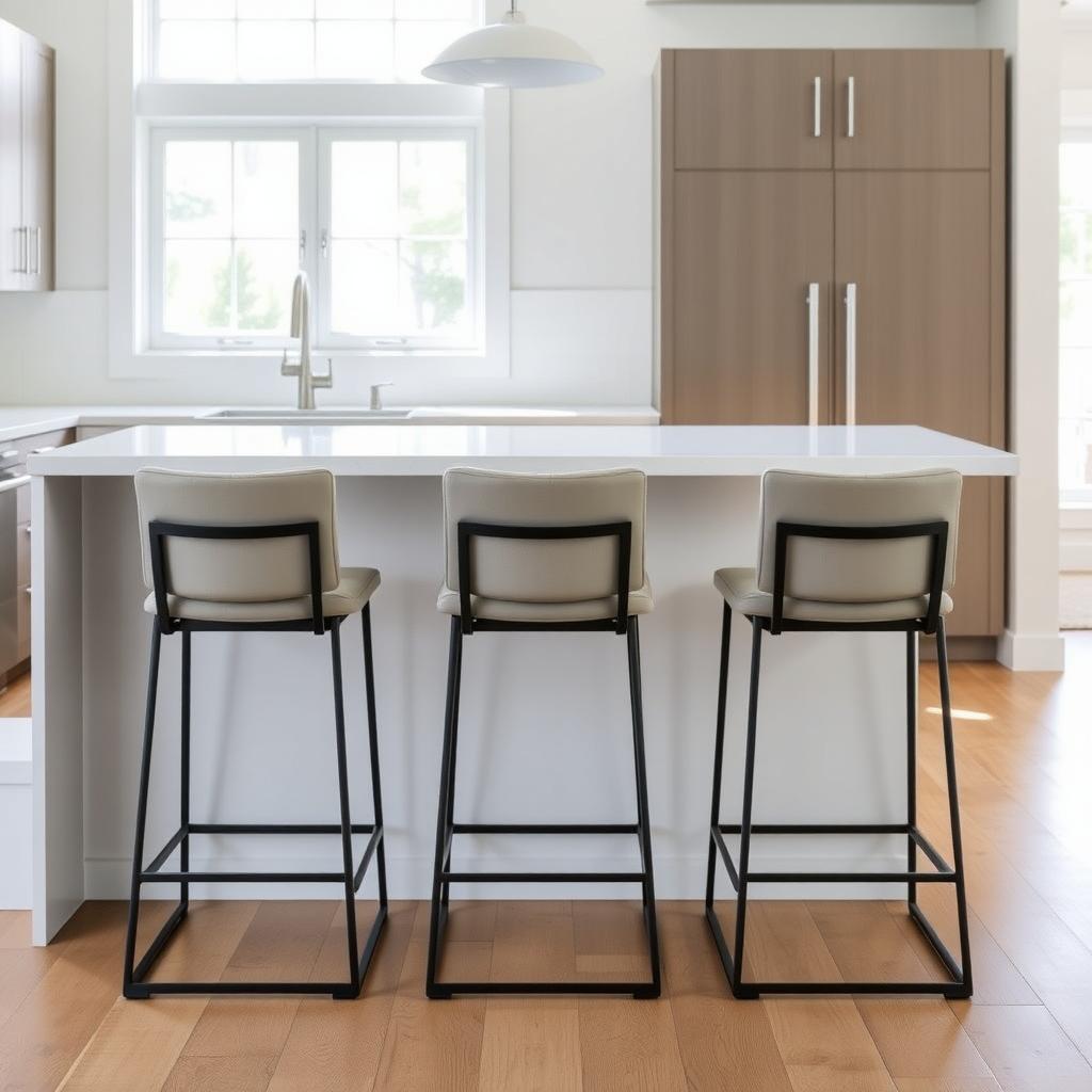 Three modern bar stools with cushioned seats and metal frames under a kitchen island in a bright, airy kitchen.
