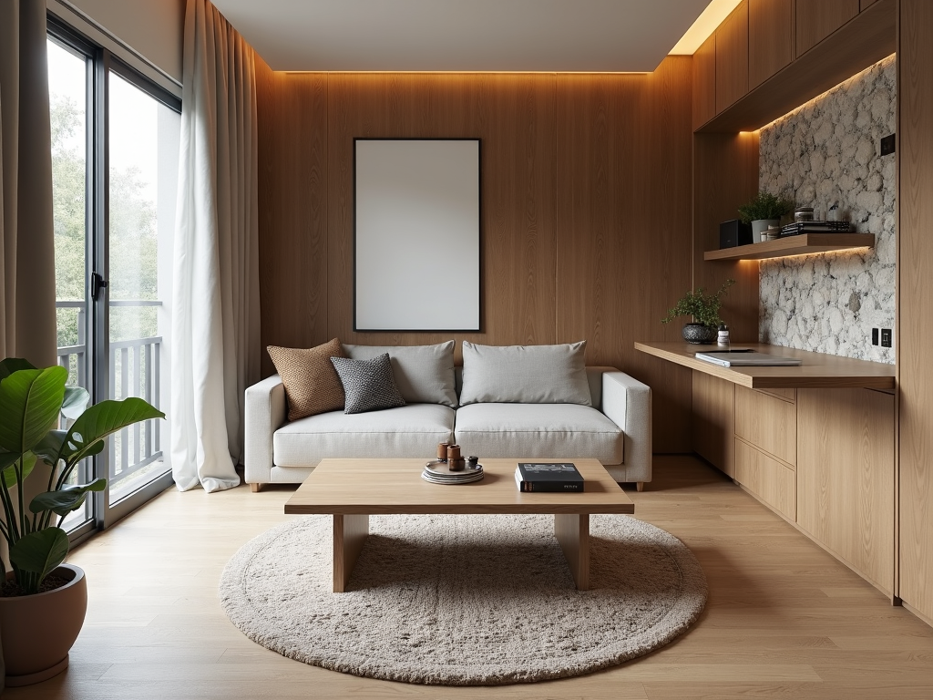 Small living room with multifunctional furniture and natural materials