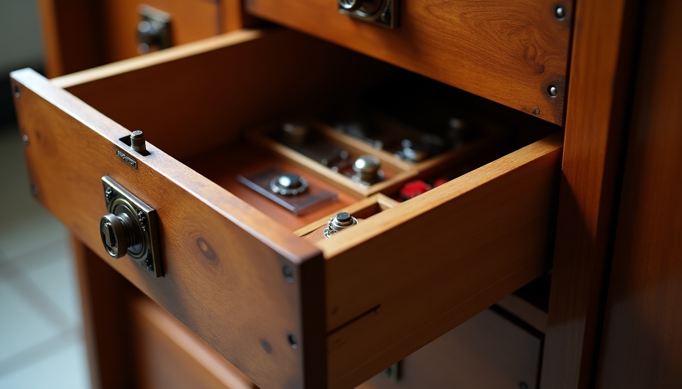 A hidden compartment in a multifunctional armoire, revealing a secure storage space.