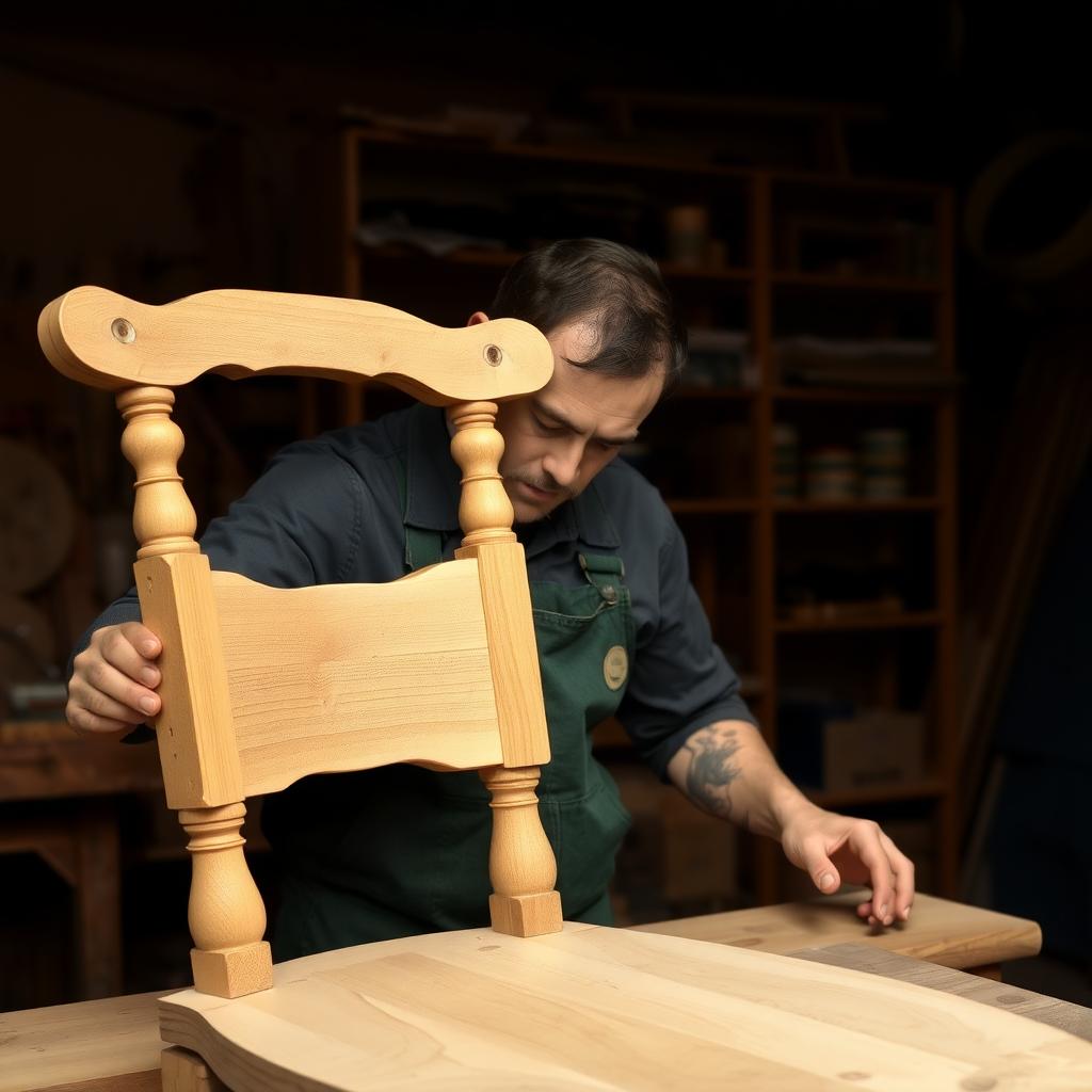 A close-up of a craftsman inspecting the joinery of a wooden dining chair. The chair features intricate dovetail joints, showcasing the attention to detail and quality craftsmanship. The craftsman’s hands are carefully examining the joints, ensuring they meet high standards.