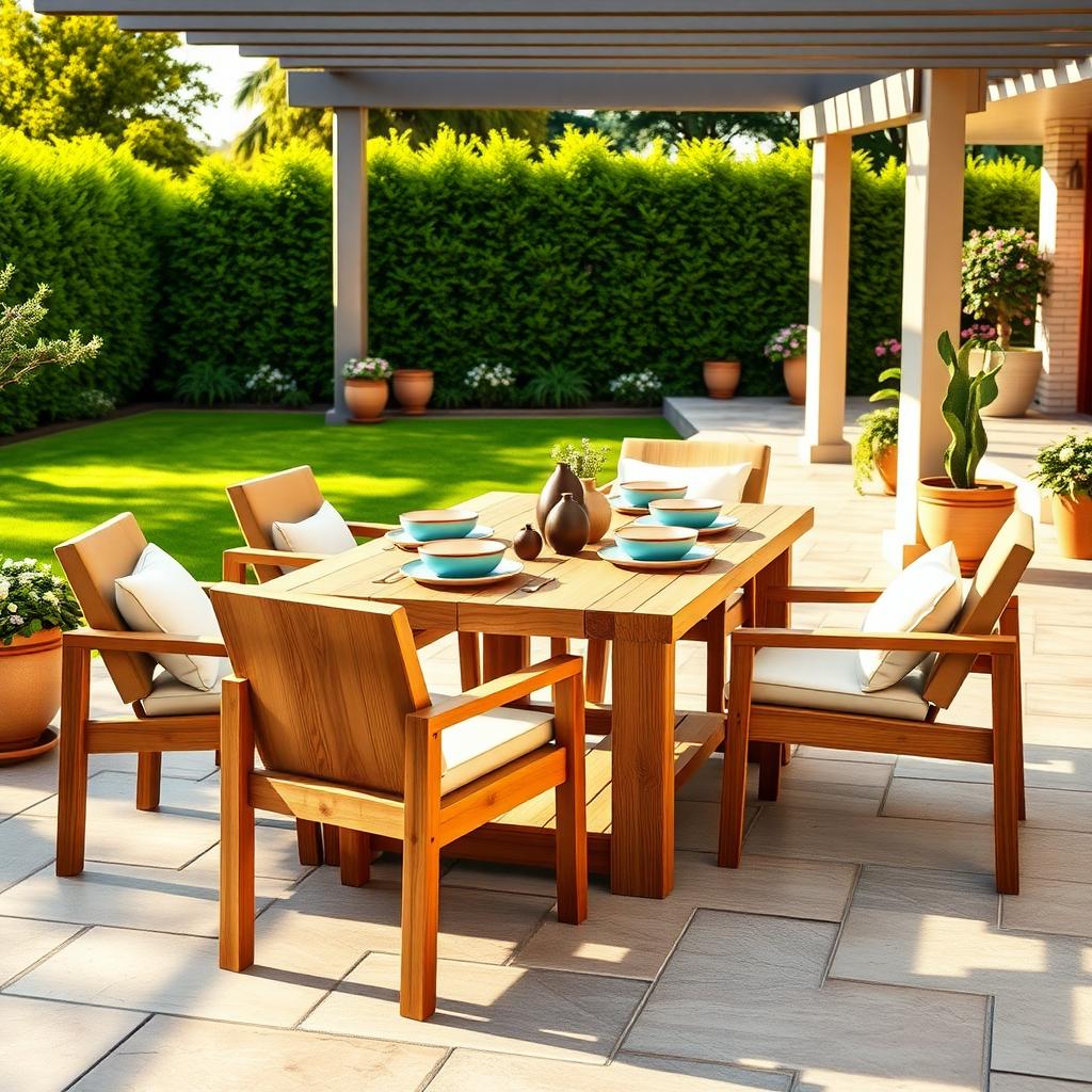 Modern patio dining set made from reclaimed teak wood, arranged on a stone-tiled floor with colorful plates and neutral cushions, surrounded by a green lawn and potted plants.